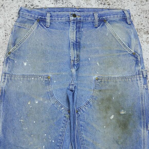 THRASHED Vintage Carhartt B73 DST Faded Blue Jeans Denim Double Knee Pant 34x31 - Picture 3 of 16